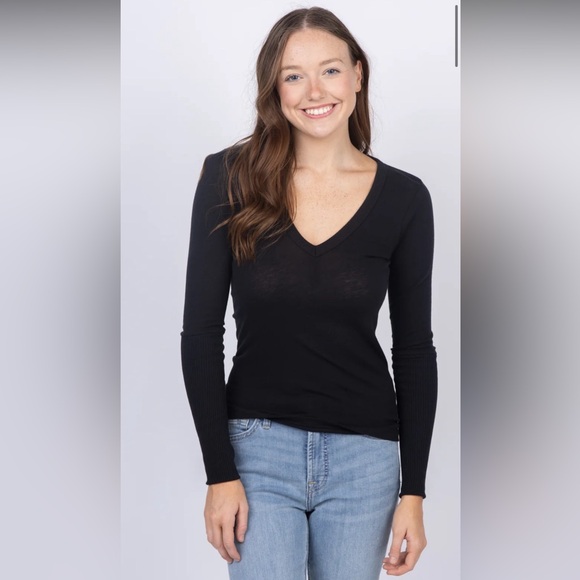 NEW Enza Costa $158 Deep Black V-Neck 100% Pima cotton Top size XS - Picture 1 of 4